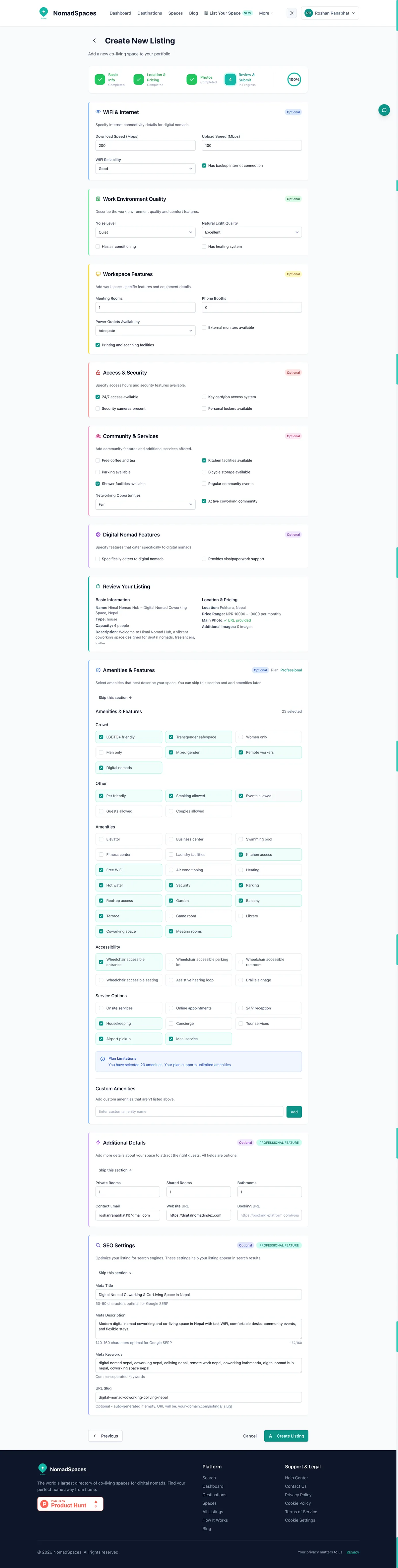 Adding amenities to a coworking space listing on Digital Nomad Index — WiFi, desks, meeting rooms