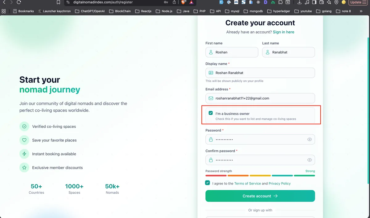 Sign up page for Digital Nomad Index to create a free host account for coworking spaces