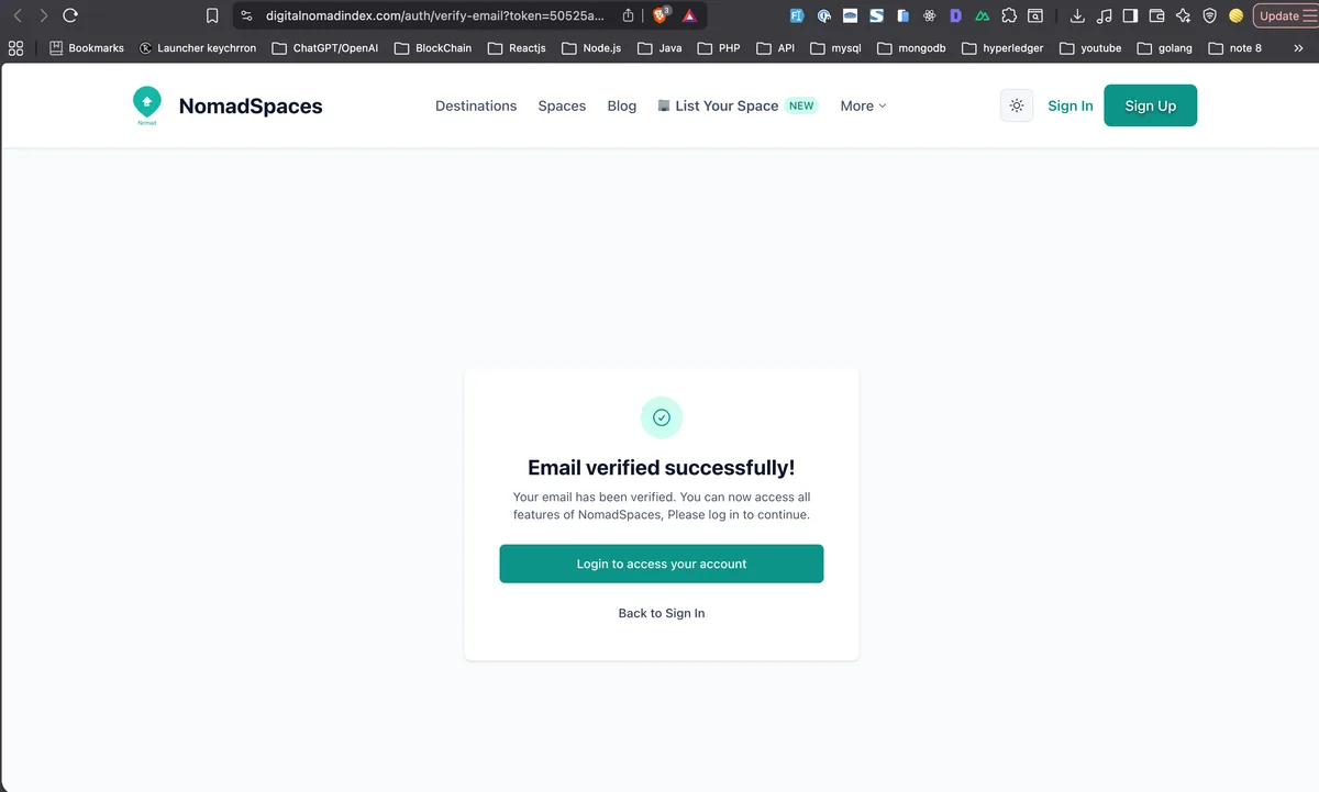 Email verification confirmation page on Digital Nomad Index