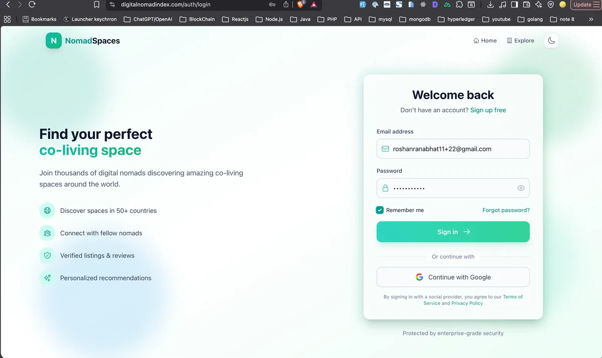 Login page for Digital Nomad Index host account