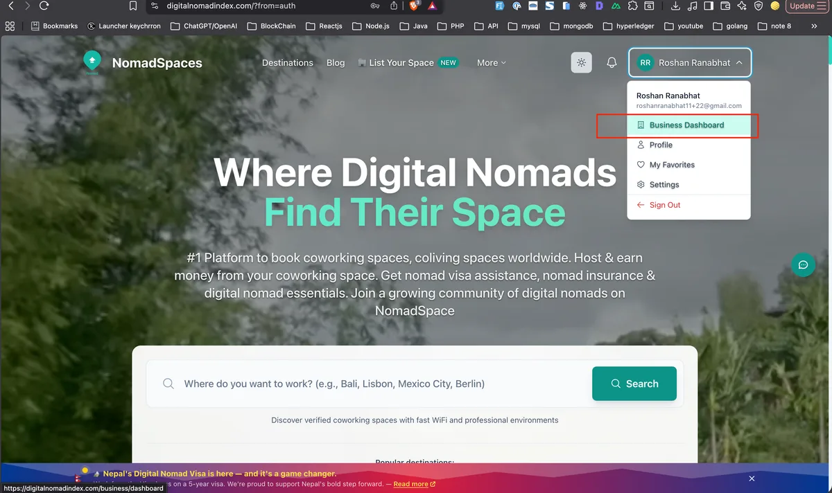 Navigating to the Business Dashboard on Digital Nomad Index to manage coworking space listings