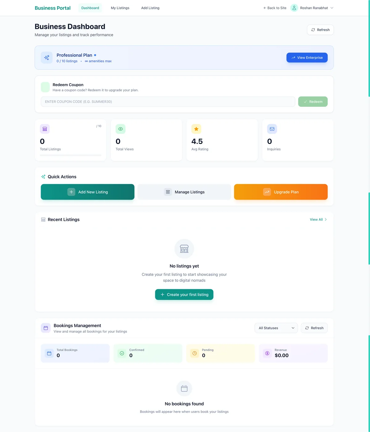 Business Dashboard overview on Digital Nomad Index showing listing management for coworking hosts