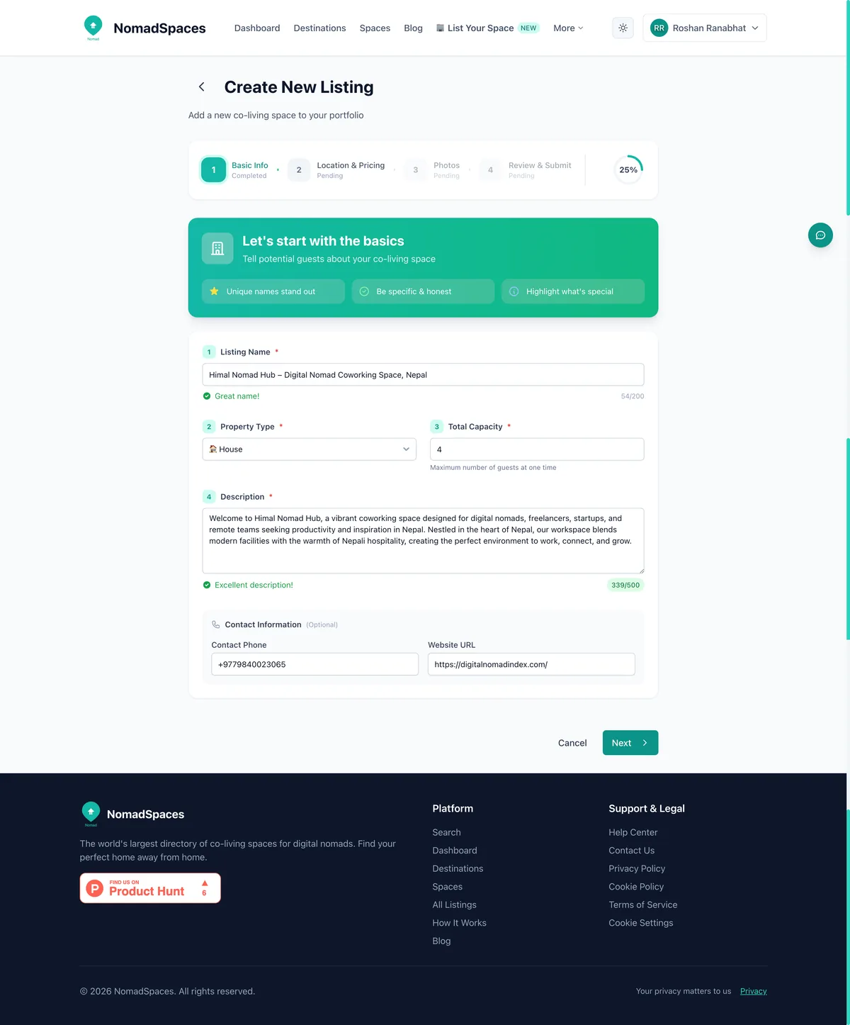 Create listing form on Digital Nomad Index for coworking spaces and coliving properties