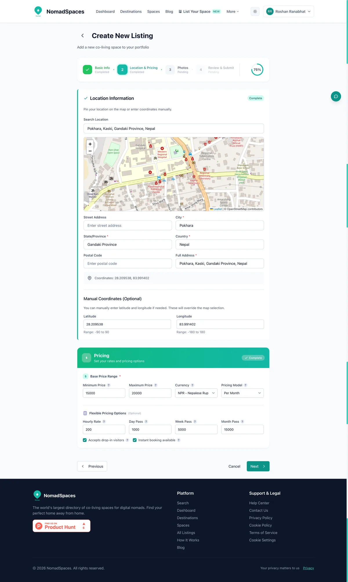 Setting location and pricing for a coworking space listing on Digital Nomad Index