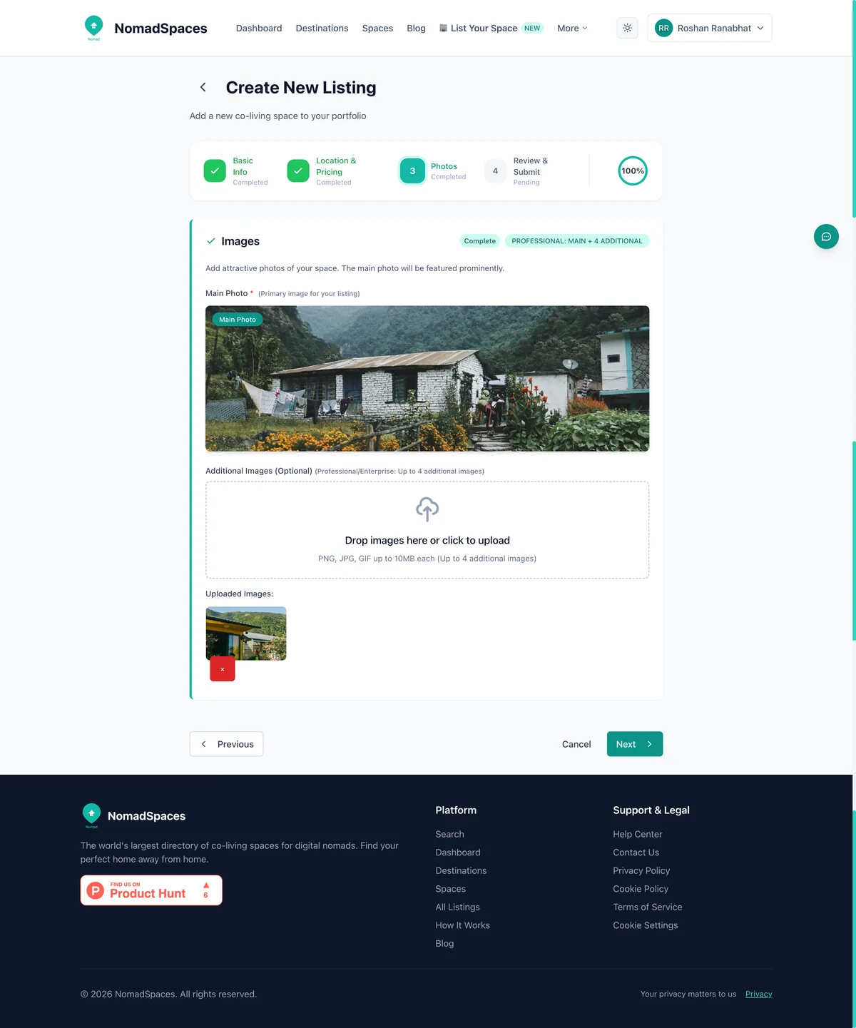 Uploading photos to a coworking space listing on Digital Nomad Index